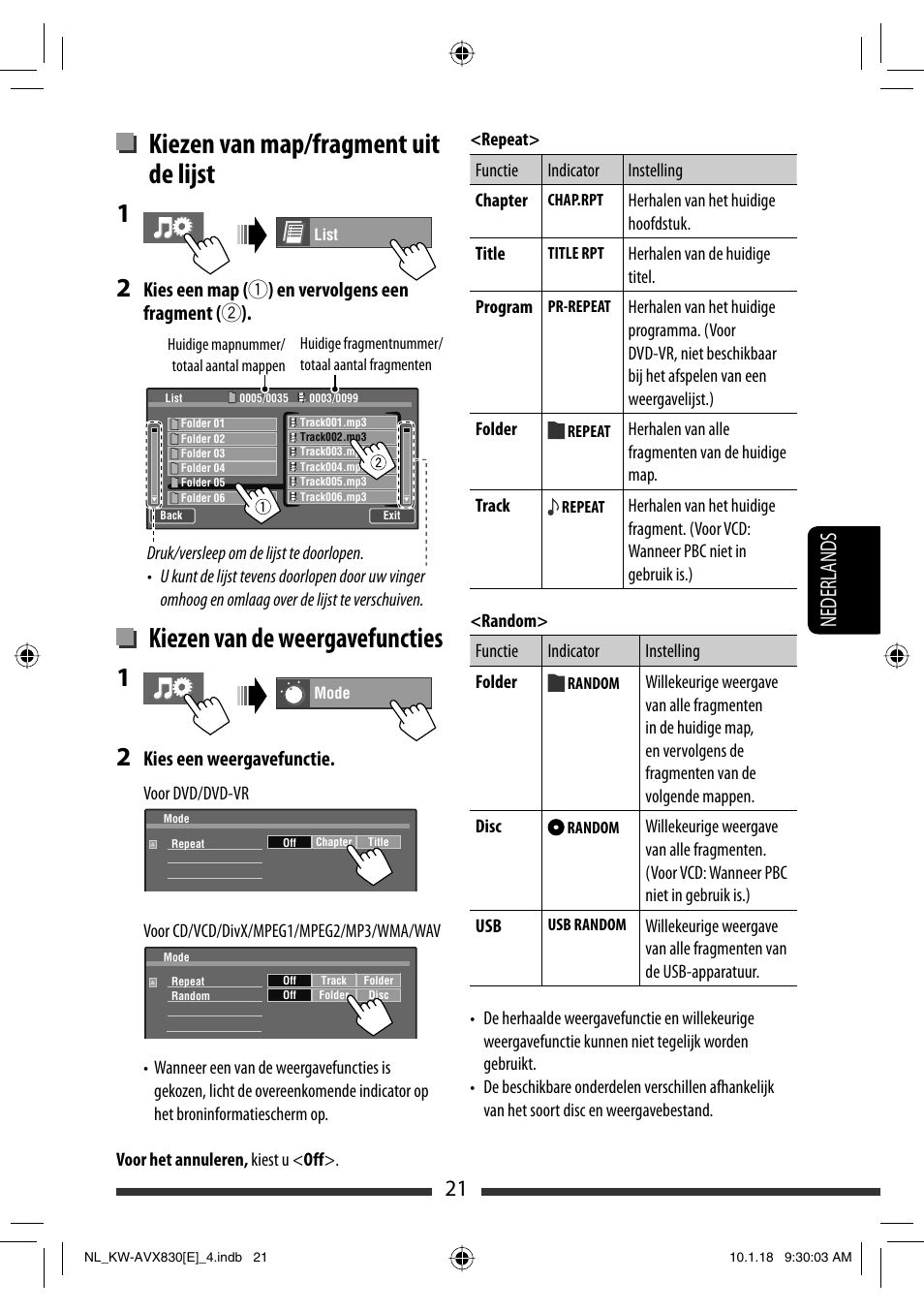 Kiezen van map/fragment uit de lijst, Kiezen van de weergavefuncties, 21 nederlands | Kies een weergavefunctie | JVC KW-AVX830 User Manual | Page 225 / 279