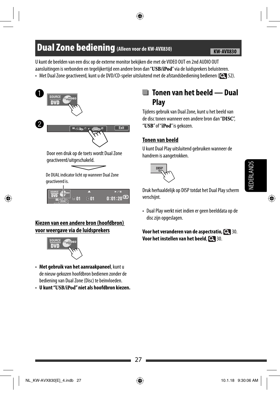Dual zone bediening, Tonen van het beeld — dual play, 27 nederlands | JVC KW-AVX830 User Manual | Page 231 / 279
