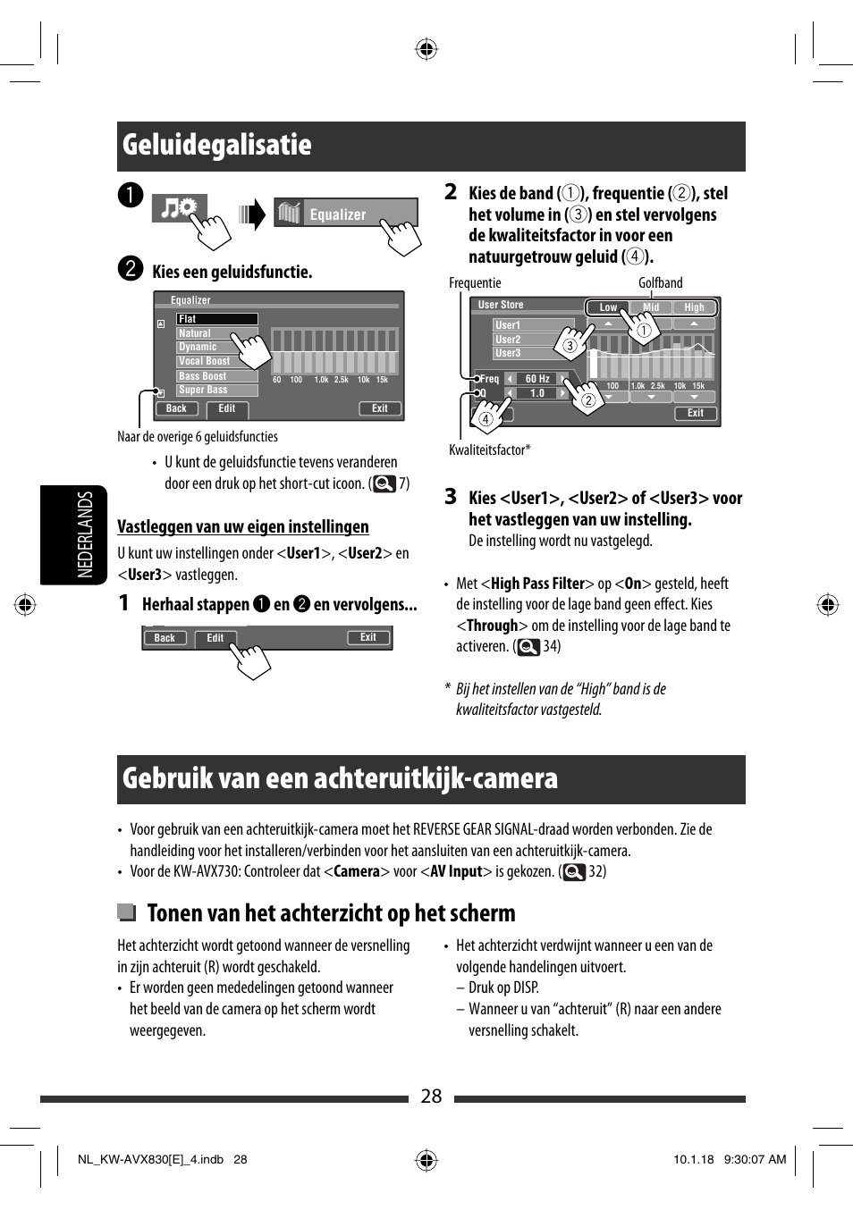 Geluidegalisatie, Gebruik van een achteruitkijk-camera, Tonen van het achterzicht op het scherm | 28 nederlands, Kies een geluidsfunctie, Vastleggen van uw eigen instellingen, Herhaal stappen ~ en ÿ en vervolgens | JVC KW-AVX830 User Manual | Page 232 / 279