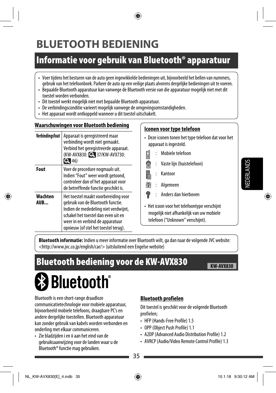 Bluetooth bediening, Informatie voor gebruik van bluetooth® apparatuur, Bluetooth bediening voor de kw-avx830 | JVC KW-AVX830 User Manual | Page 239 / 279