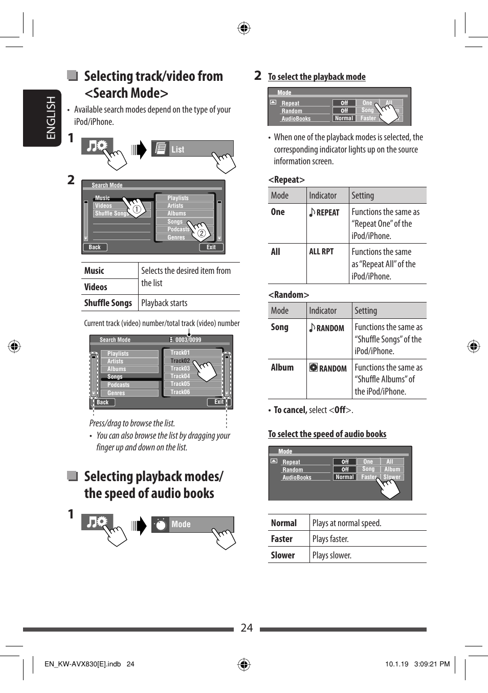 Selecting track/video from <search mode, Selecting playback modes/ the speed of audio books, 24 english | JVC KW-AVX830 User Manual | Page 24 / 279