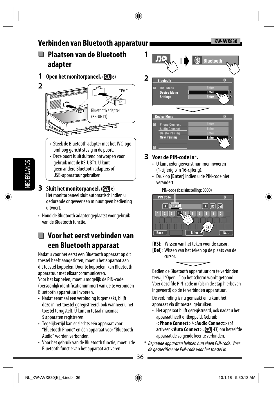 Plaatsen van de bluetooth adapter, Verbinden van bluetooth apparatuur, 36 nederlands | JVC KW-AVX830 User Manual | Page 240 / 279
