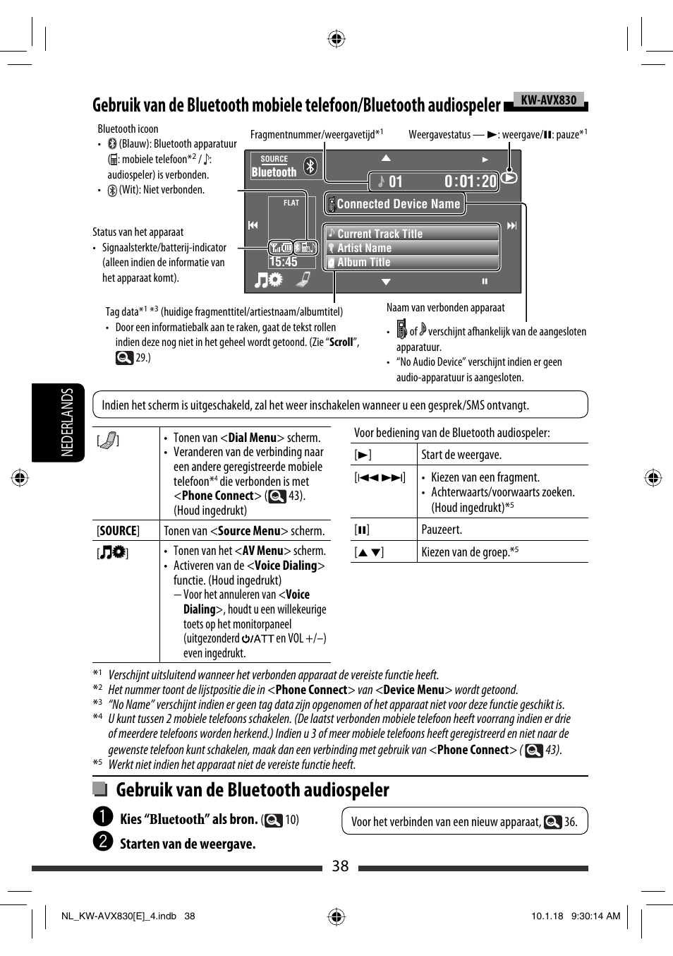 Gebruik van de bluetooth audiospeler, 38 nederlands | JVC KW-AVX830 User Manual | Page 242 / 279