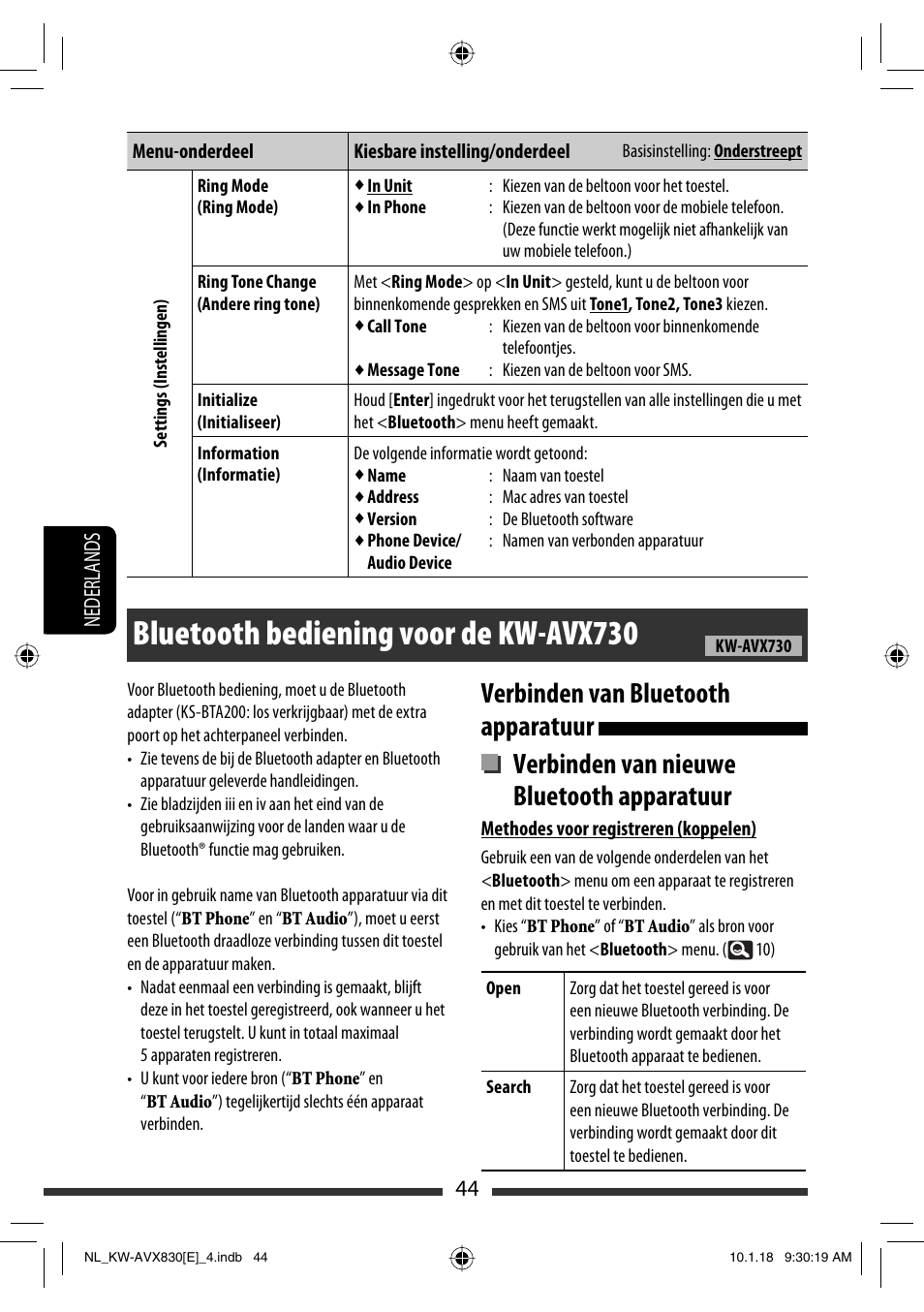 Bluetooth bediening voor de kw-avx730, 44 nederlands | JVC KW-AVX830 User Manual | Page 248 / 279