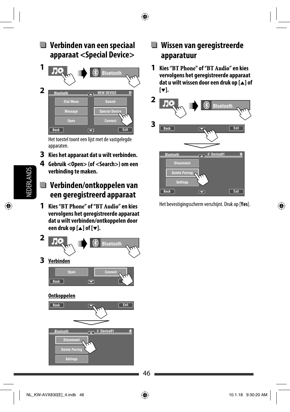 Wissen van geregistreerde apparatuur, 46 nederlands, Kies het apparaat dat u wilt verbinden | JVC KW-AVX830 User Manual | Page 250 / 279