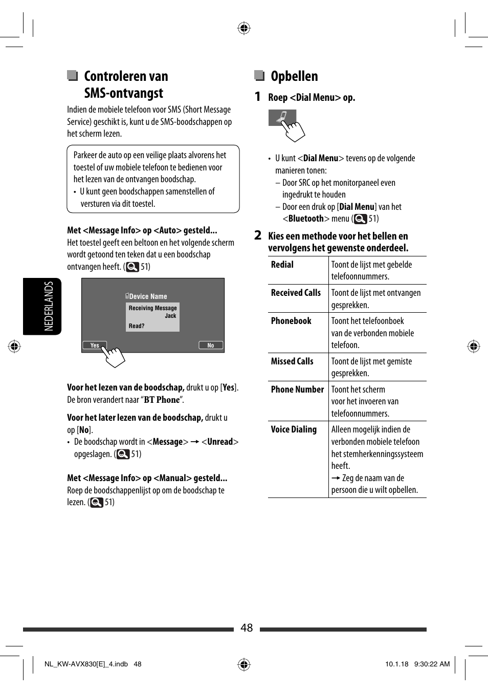 Opbellen, Controleren van sms-ontvangst, 48 nederlands | JVC KW-AVX830 User Manual | Page 252 / 279