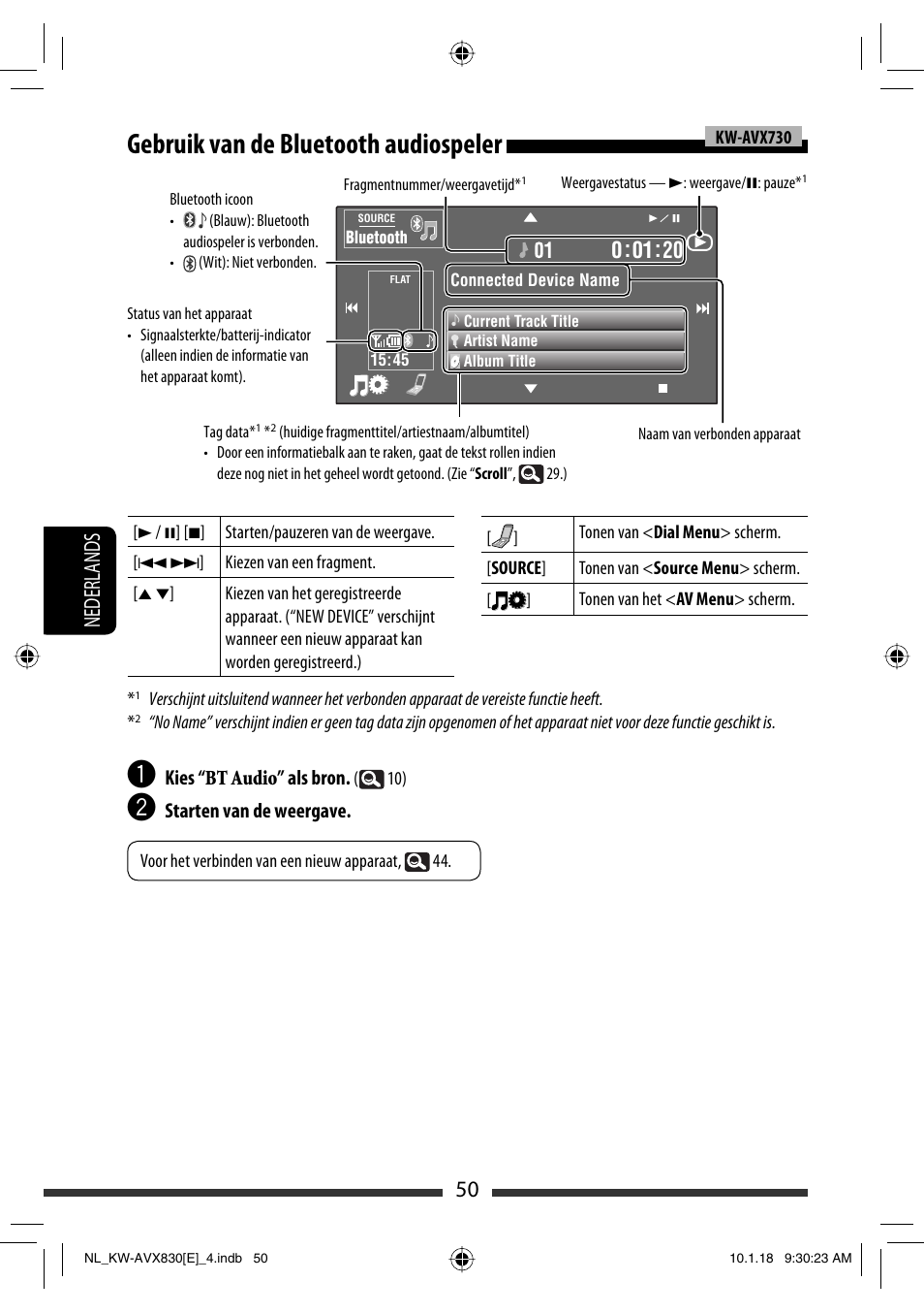 Gebruik van de bluetooth audiospeler, 50 nederlands | JVC KW-AVX830 User Manual | Page 254 / 279