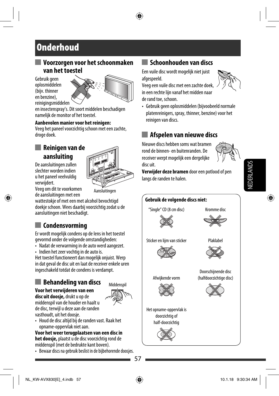 Onderhoud, Voorzorgen voor het schoonmaken van het toestel, Reinigen van de aansluiting | Condensvorming, Behandeling van discs, Schoonhouden van discs, Afspelen van nieuwe discs | JVC KW-AVX830 User Manual | Page 261 / 279