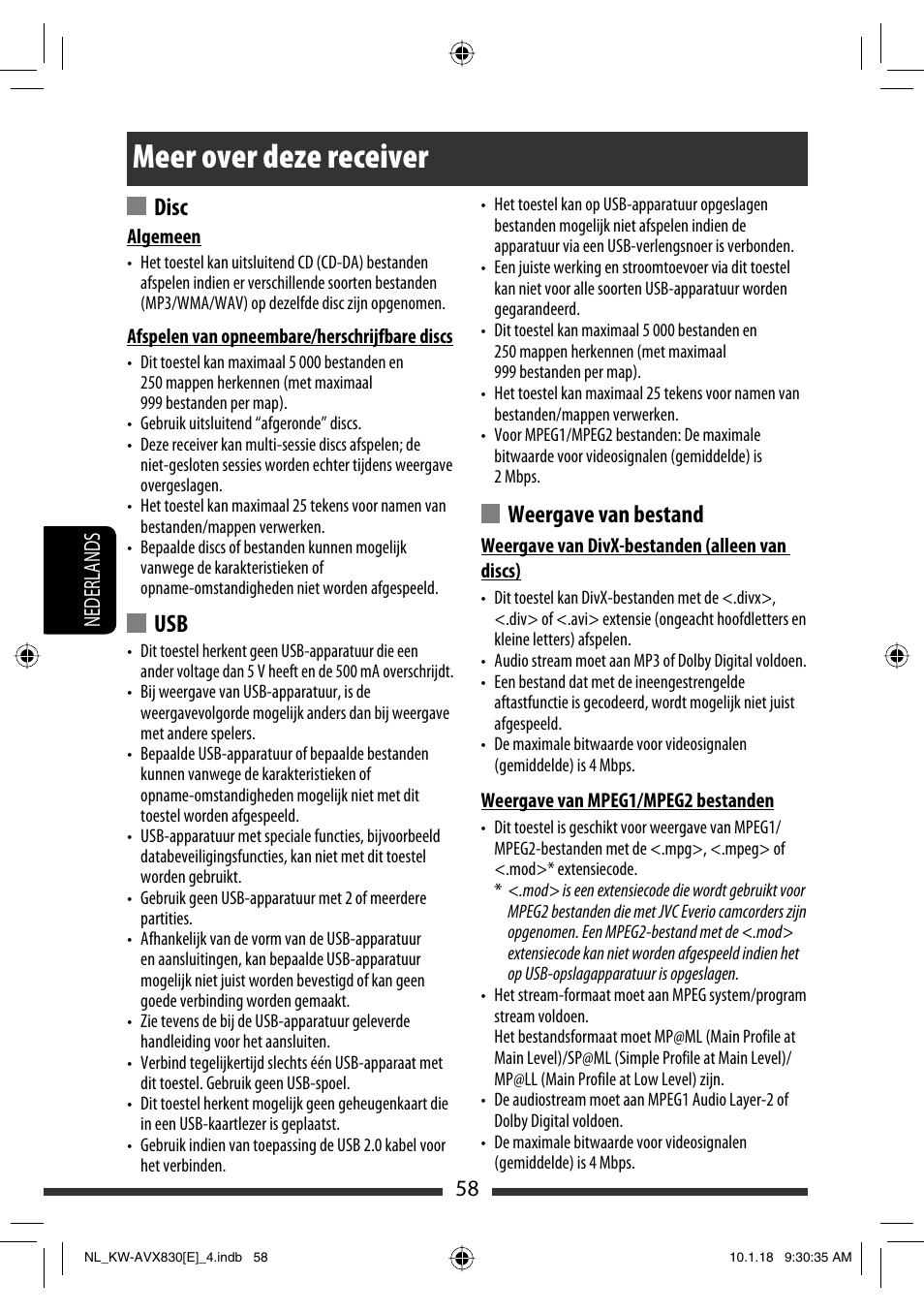 Meer over deze receiver, Weergave van bestand, Disc | 58 nederlands | JVC KW-AVX830 User Manual | Page 262 / 279