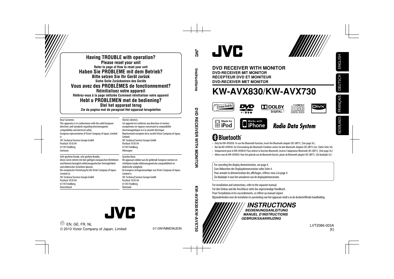 Instructions, Having trouble with operation, Haben sie probleme mit dem betrieb | Vous avez des problèmes de fonctionnement, Hebt u problemen met de bediening, Dvd receiver with monitor | JVC KW-AVX830 User Manual | Page 278 / 279