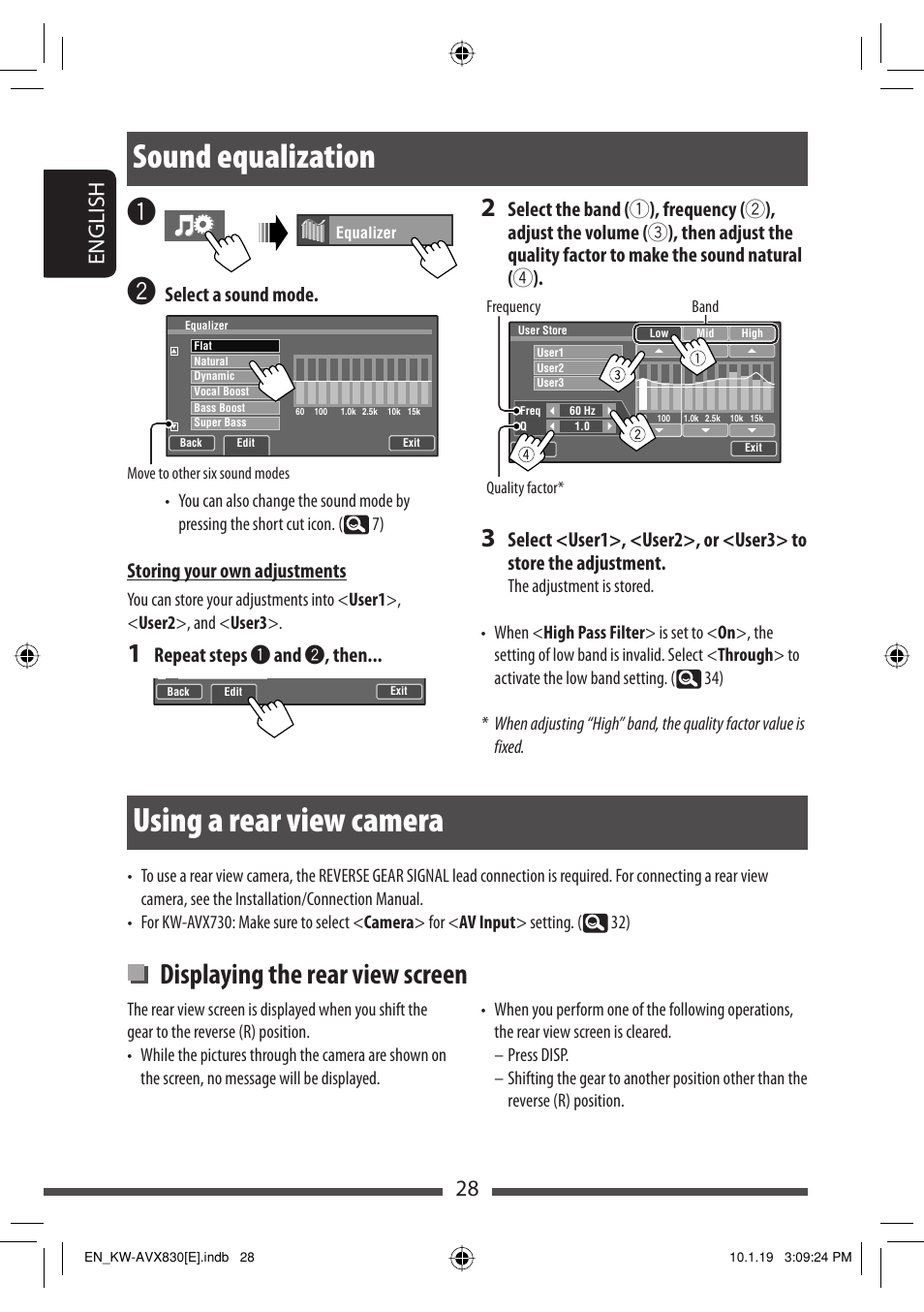 Sound equalization, Using a rear view camera, Displaying the rear view screen | 28 english, Select a sound mode, Storing your own adjustments, Repeat steps ~ and ÿ , then | JVC KW-AVX830 User Manual | Page 28 / 279