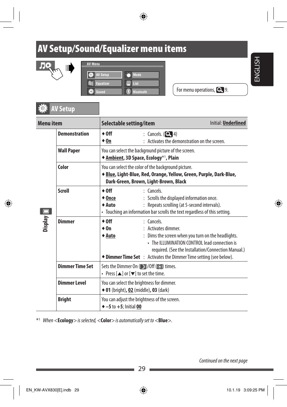 Av setup/sound/equalizer menu items, Av setup, 29 english | JVC KW-AVX830 User Manual | Page 29 / 279