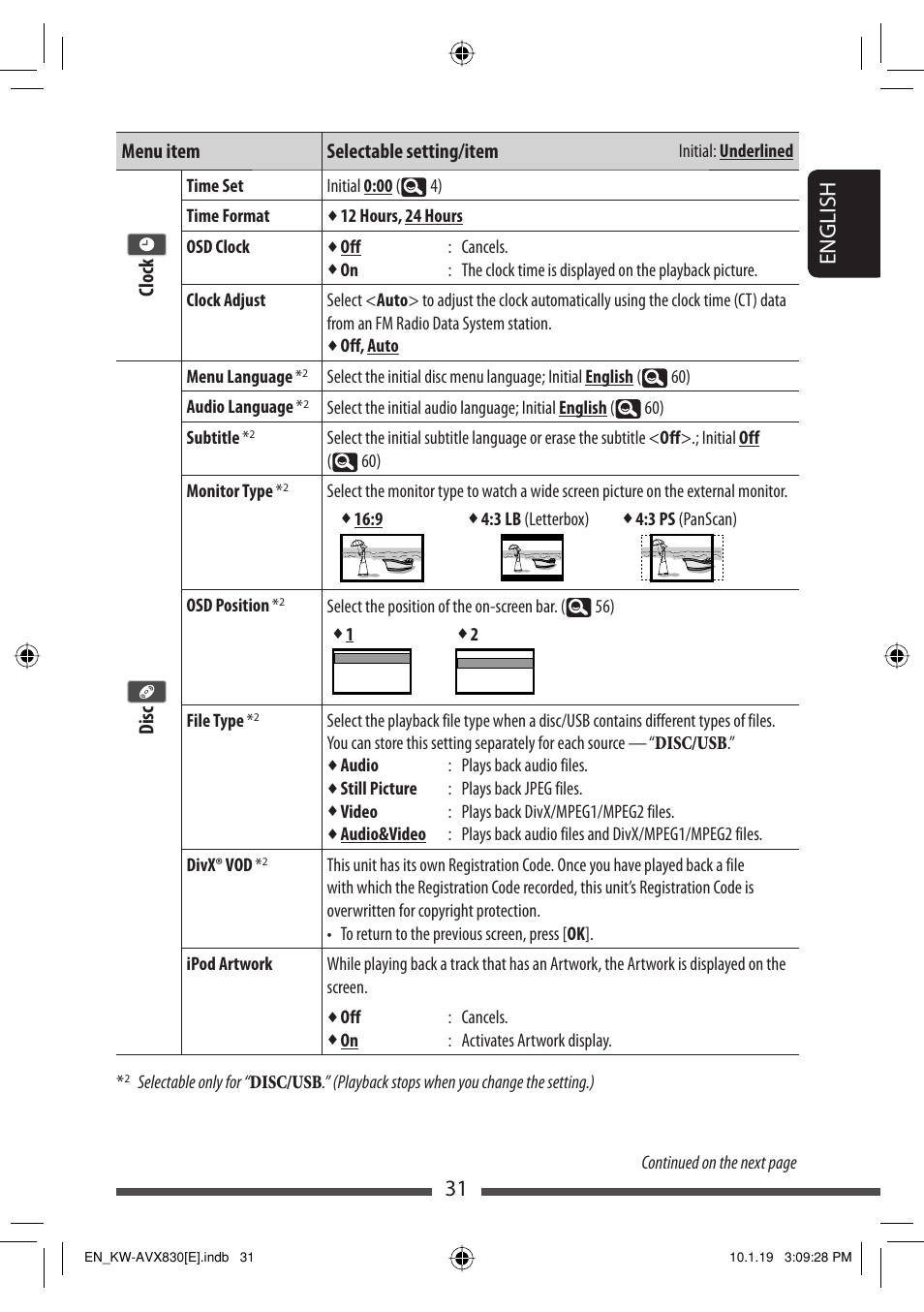 31 english, Menu item selectable setting/item, Clock | Disc | JVC KW-AVX830 User Manual | Page 31 / 279