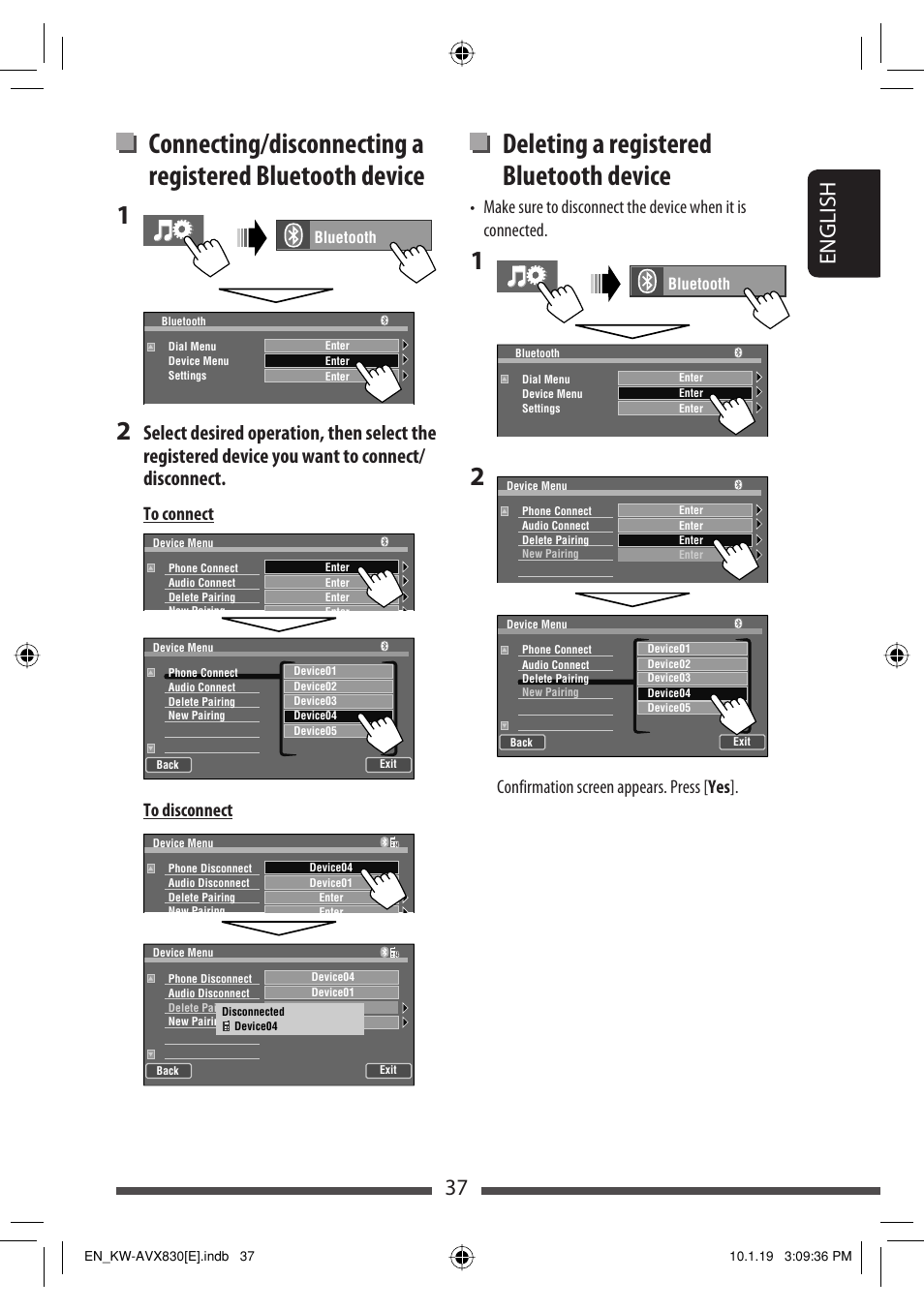 Deleting a registered bluetooth device, 37 english, Confirmation screen appears. press [ yes | JVC KW-AVX830 User Manual | Page 37 / 279