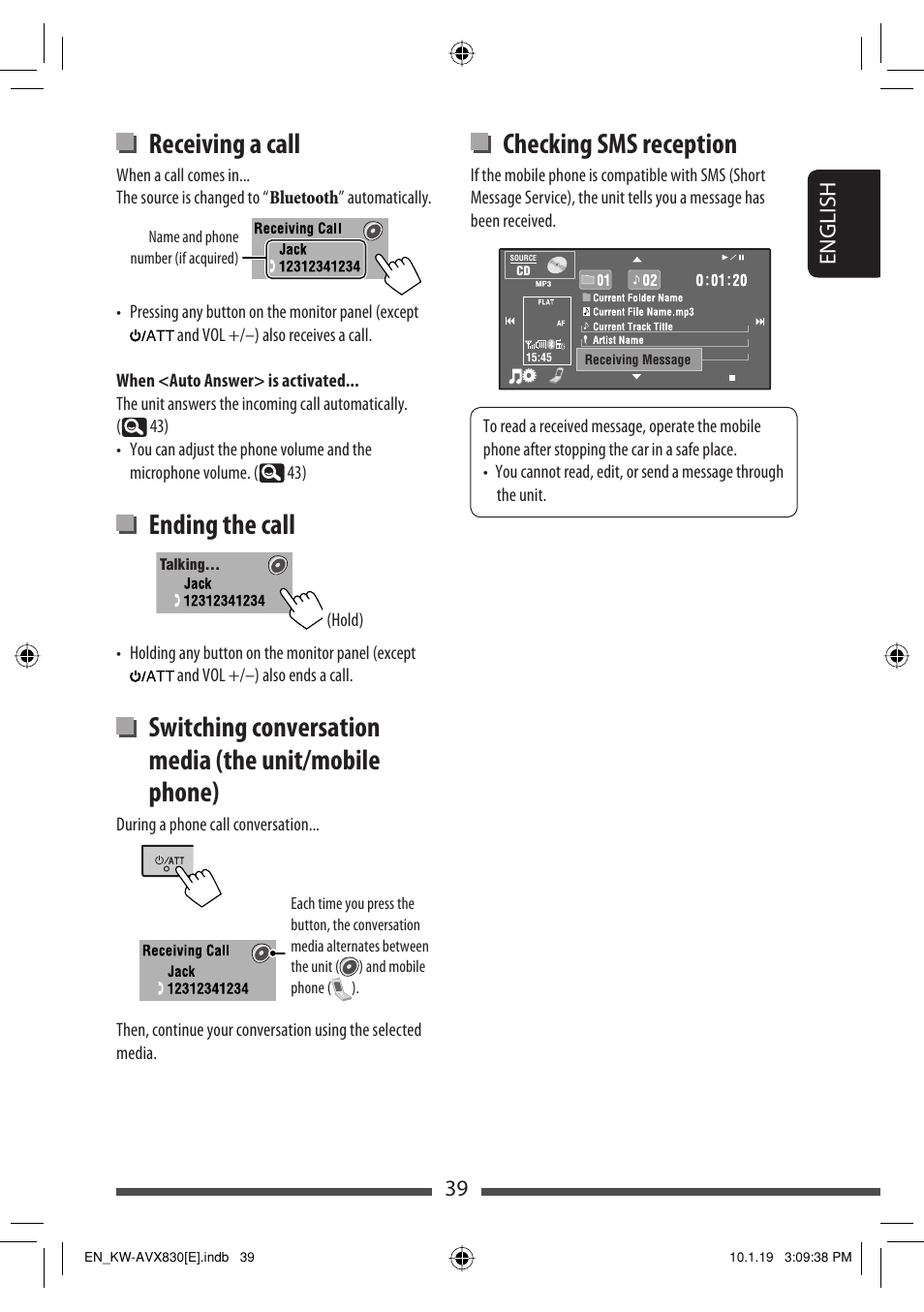 Checking sms reception, Receiving a call, Ending the call | 39 english | JVC KW-AVX830 User Manual | Page 39 / 279