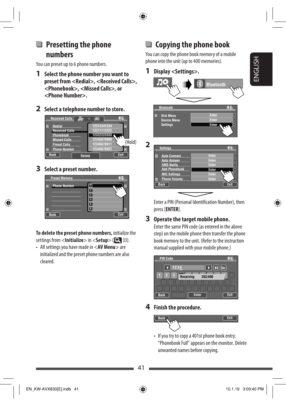Presetting the phone numbers, Copying the phone book, 41 english | Select a telephone number to store, Select a preset number, Display <settings, Operate the target mobile phone, Finish the procedure | JVC KW-AVX830 User Manual | Page 41 / 279