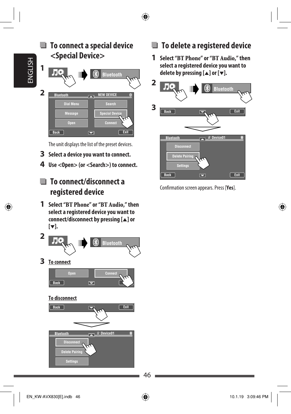 46 english, Select a device you want to connect, Use <open> (or <search>) to connect | JVC KW-AVX830 User Manual | Page 46 / 279