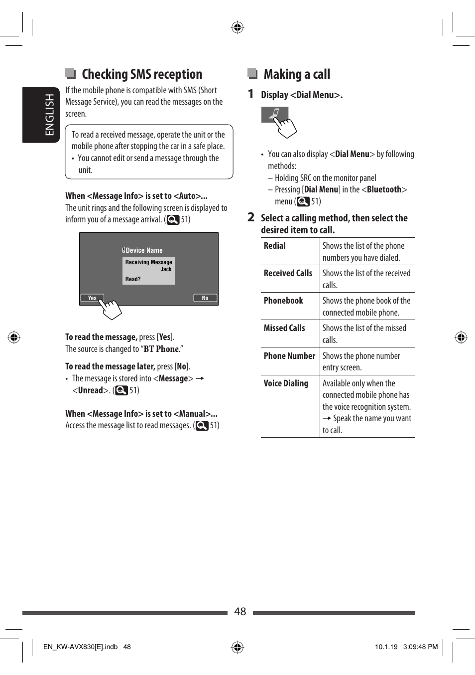 Making a call, Checking sms reception, 48 english | JVC KW-AVX830 User Manual | Page 48 / 279