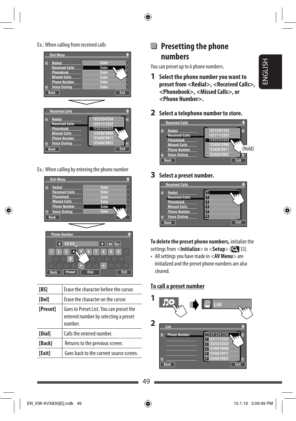 Presetting the phone numbers, 49 english, Select a telephone number to store | Select a preset number, You can preset up to 6 phone numbers, Hold) | JVC KW-AVX830 User Manual | Page 49 / 279