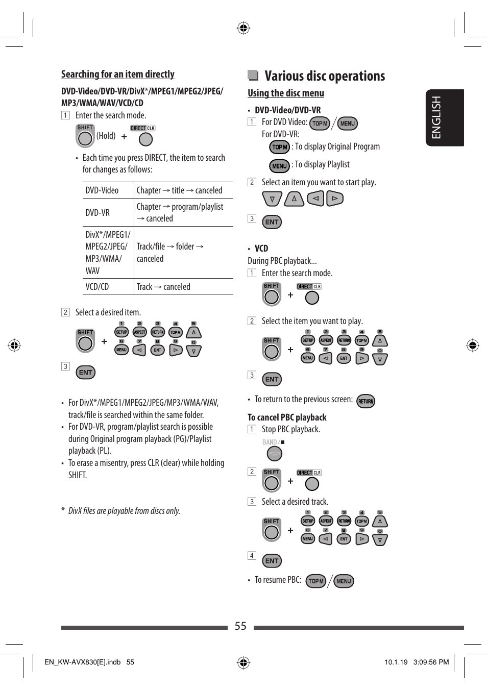 Various disc operations, 55 english | JVC KW-AVX830 User Manual | Page 55 / 279