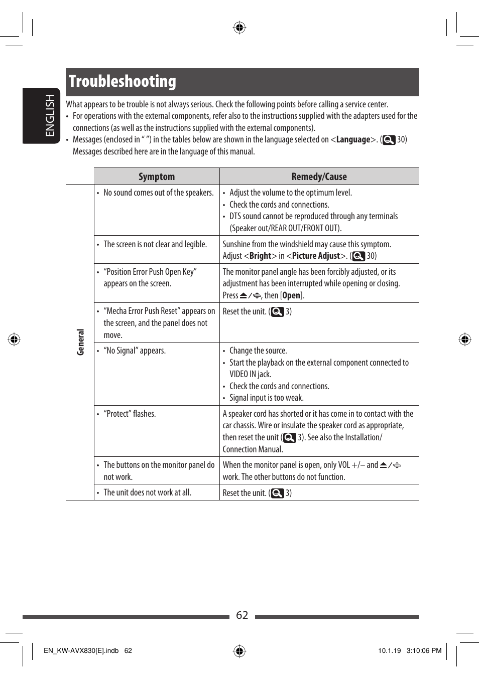 Troubleshooting, 62 english | JVC KW-AVX830 User Manual | Page 62 / 279