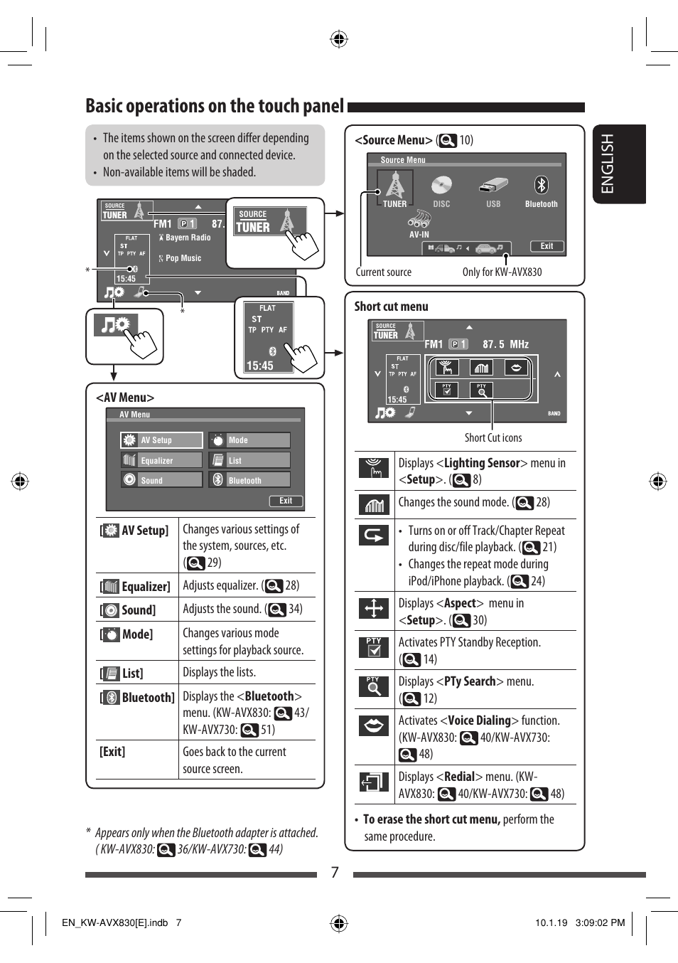 Basic operations on the touch panel, 7english | JVC KW-AVX830 User Manual | Page 7 / 279