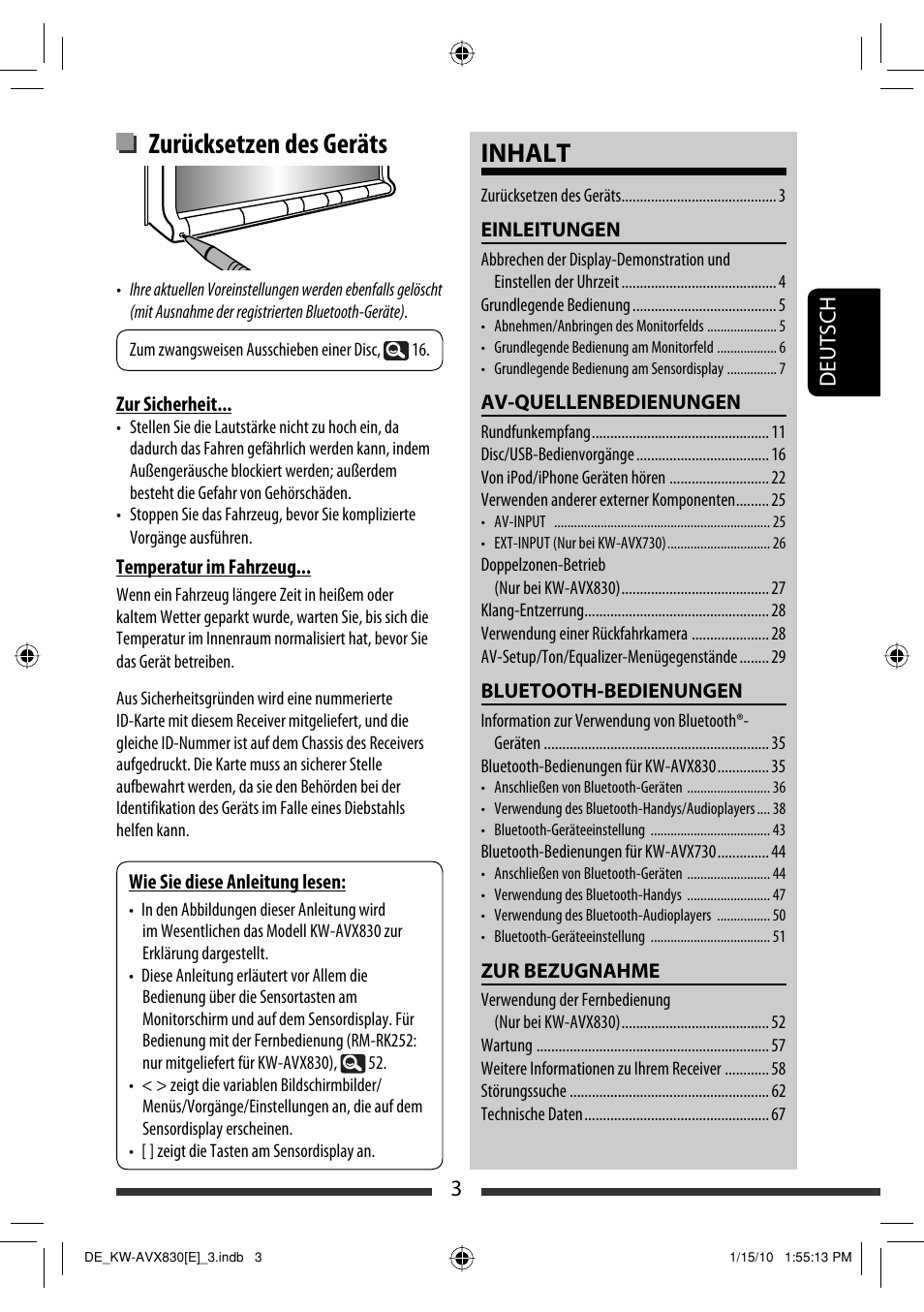 Zurücksetzen des geräts, Inhalt, 3deutsch | JVC KW-AVX830 User Manual | Page 71 / 279