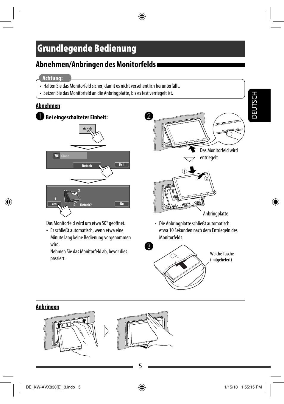 Grundlegende bedienung, Abnehmen/anbringen des monitorfelds, 5deutsch | JVC KW-AVX830 User Manual | Page 73 / 279