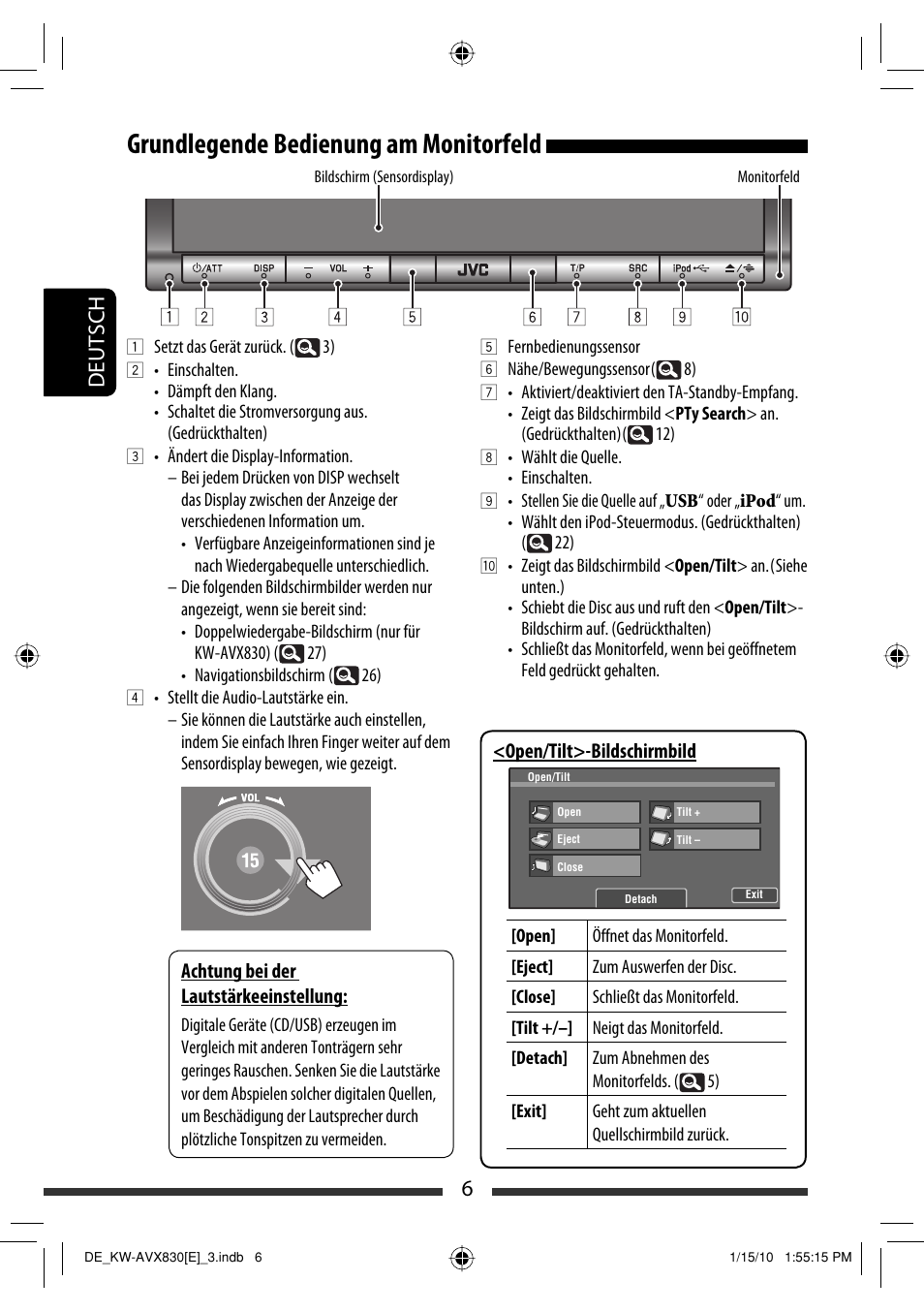 Grundlegende bedienung am monitorfeld, 6deutsch | JVC KW-AVX830 User Manual | Page 74 / 279