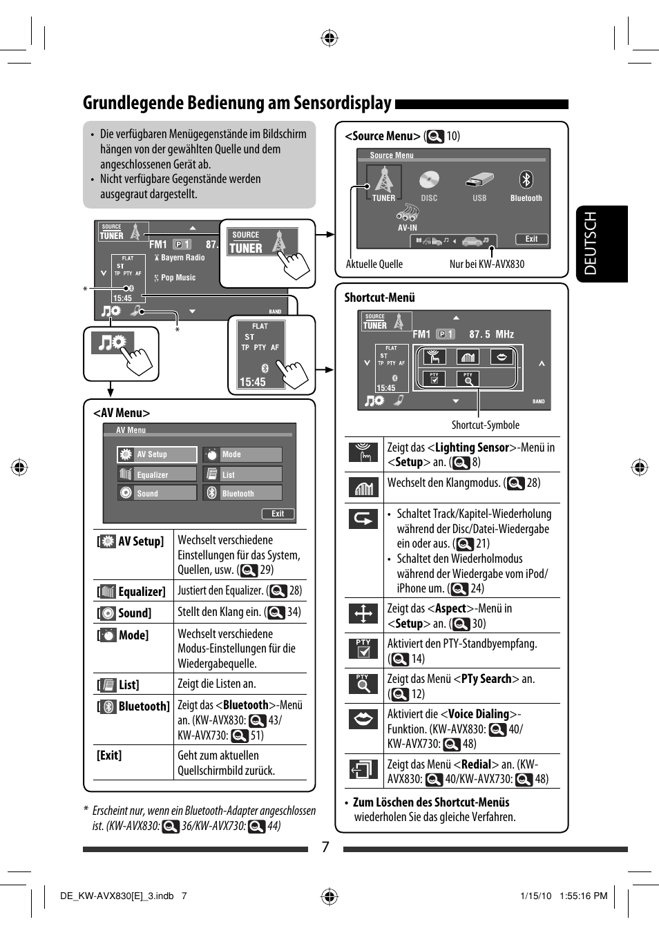 Grundlegende bedienung am sensordisplay, 7deutsch | JVC KW-AVX830 User Manual | Page 75 / 279