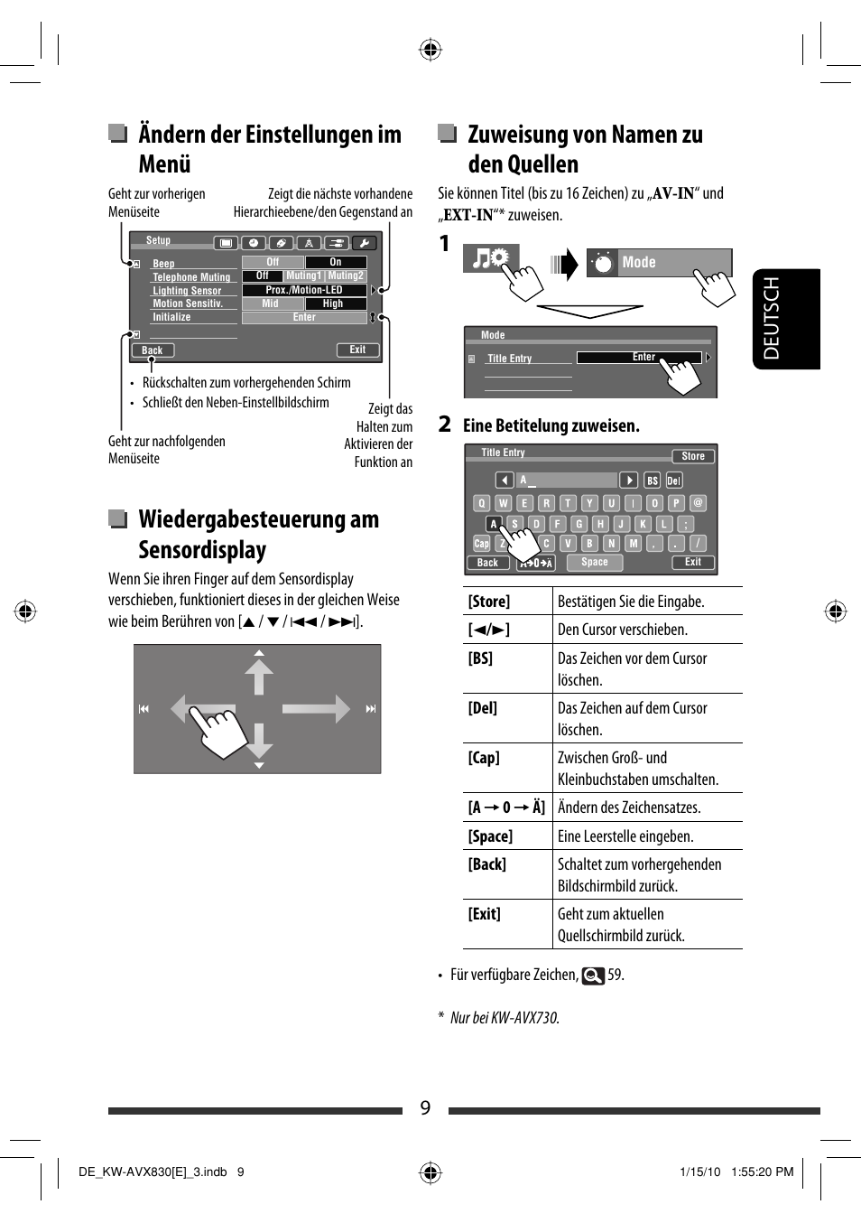 Zuweisung von namen zu den quellen, 9deutsch, Eine betitelung zuweisen | JVC KW-AVX830 User Manual | Page 77 / 279