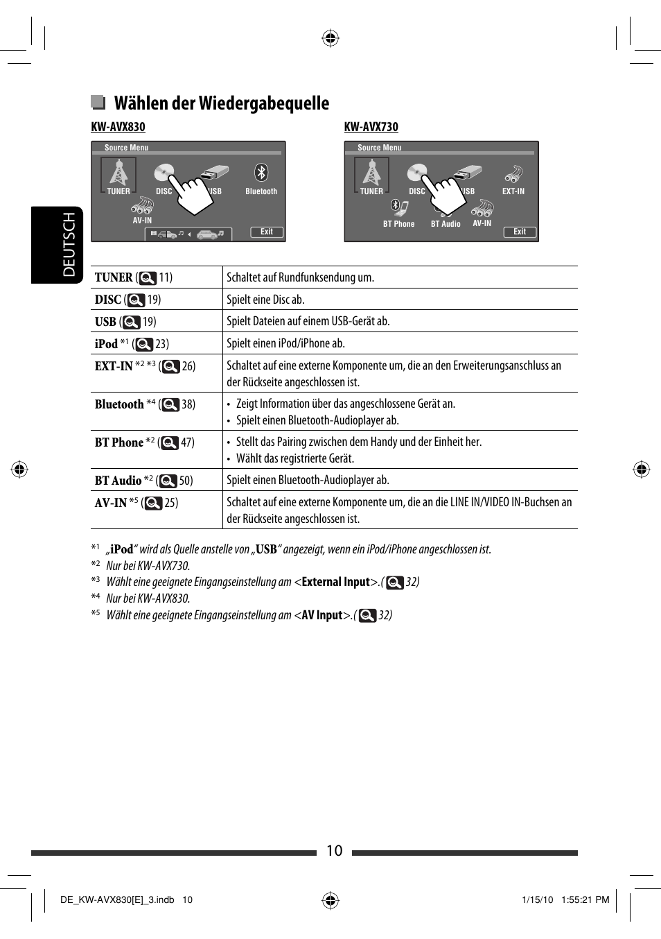 Wählen der wiedergabequelle, 10 deutsch | JVC KW-AVX830 User Manual | Page 78 / 279