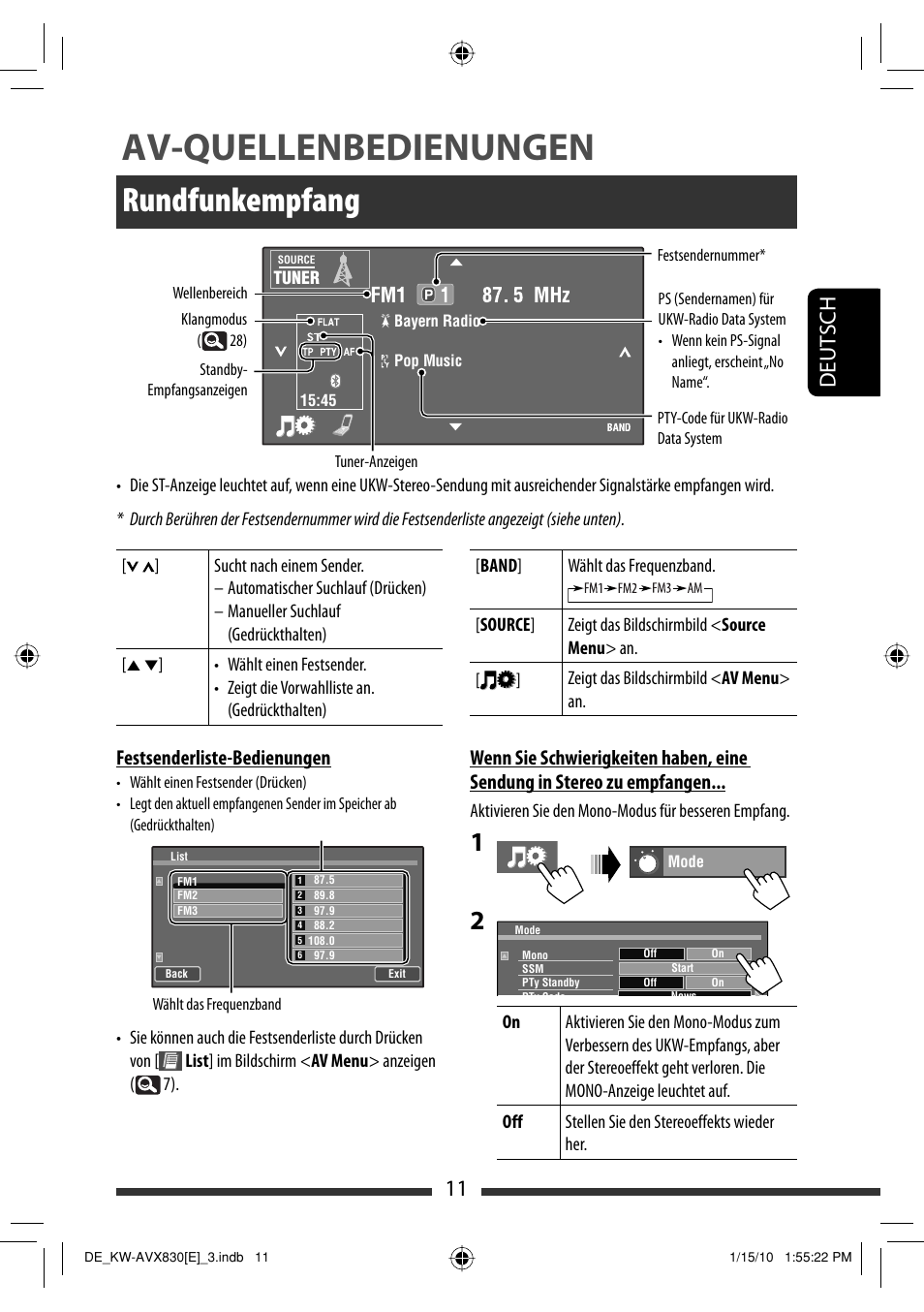 Av-quellenbedienungen, Rundfunkempfang, 11 deut sch | Festsenderliste-bedienungen | JVC KW-AVX830 User Manual | Page 79 / 279