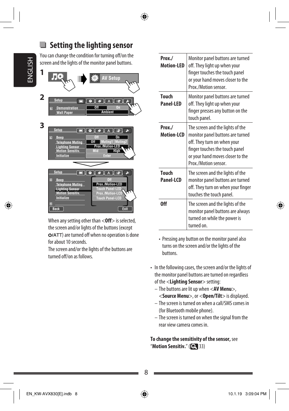 Setting the lighting sensor, 8english | JVC KW-AVX830 User Manual | Page 8 / 279