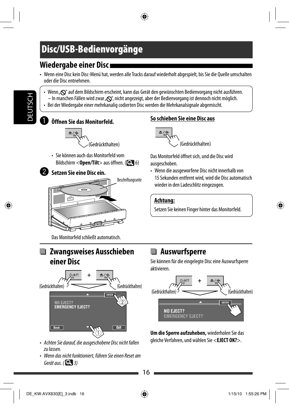 Disc/usb-bedienvorgänge, Wiedergabe einer disc, Zwangsweises ausschieben einer disc | Auswurfsperre, 16 deut sch | JVC KW-AVX830 User Manual | Page 84 / 279