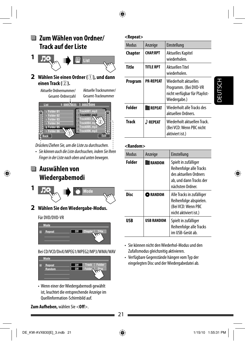 Zum wählen von ordner/ track auf der liste, Auswählen von wiedergabemodi, 21 deut sch | Wählen sie den wiedergabe-modus | JVC KW-AVX830 User Manual | Page 89 / 279