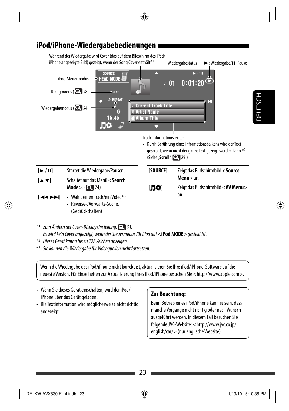 Ipod/iphone-wiedergabebedienungen, 23 deut sch, Zur beachtung | JVC KW-AVX830 User Manual | Page 91 / 279