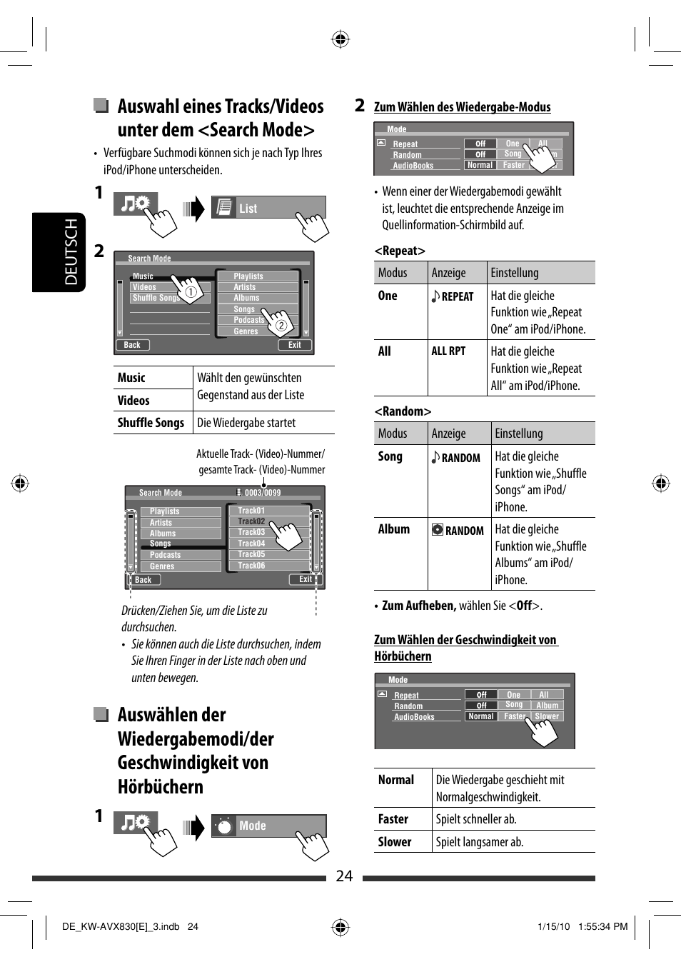 Auswahl eines tracks/videos unter dem <search mode, 24 deut sch | JVC KW-AVX830 User Manual | Page 92 / 279