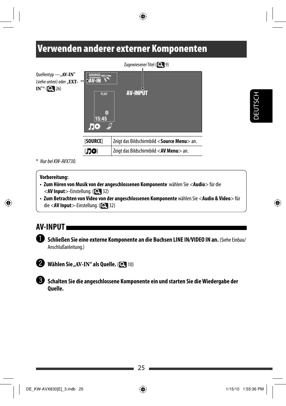 Verwenden anderer externer komponenten, Av-input, 25 deut sch | JVC KW-AVX830 User Manual | Page 93 / 279