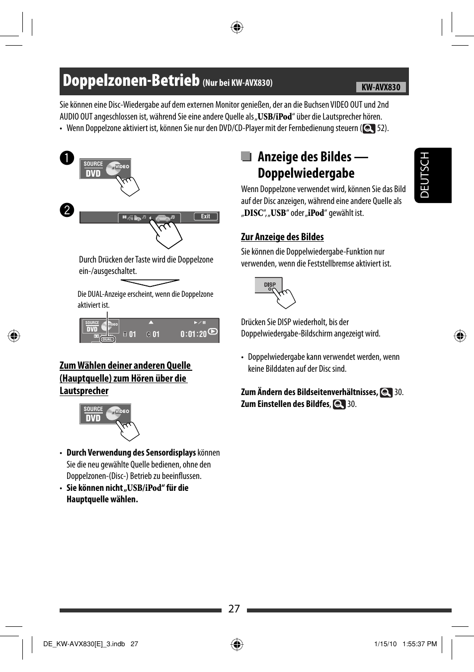 Doppelzonen-betrieb, Anzeige des bildes — doppelwiedergabe, 27 deut sch | JVC KW-AVX830 User Manual | Page 95 / 279