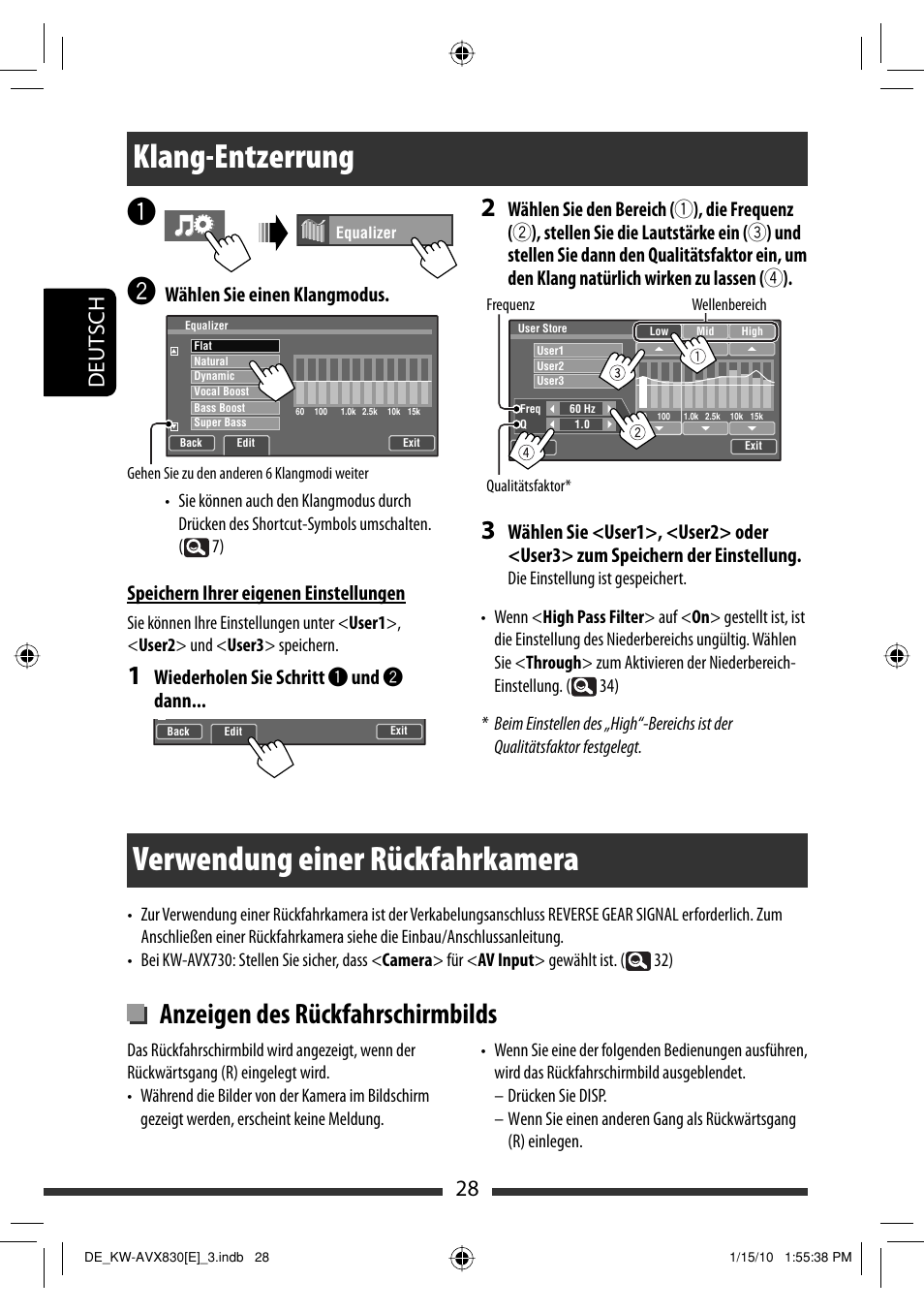 Klang-entzerrung, Verwendung einer rückfahrkamera, Anzeigen des rückfahrschirmbilds | 28 deut sch, Wählen sie einen klangmodus, Speichern ihrer eigenen einstellungen, Wiederholen sie schritt ~ und ÿ dann | JVC KW-AVX830 User Manual | Page 96 / 279