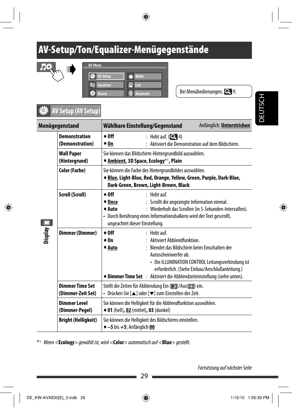 Av-setup/ton/equalizer-menügegenstände, Av setup (av setup), 29 deut sch | JVC KW-AVX830 User Manual | Page 97 / 279