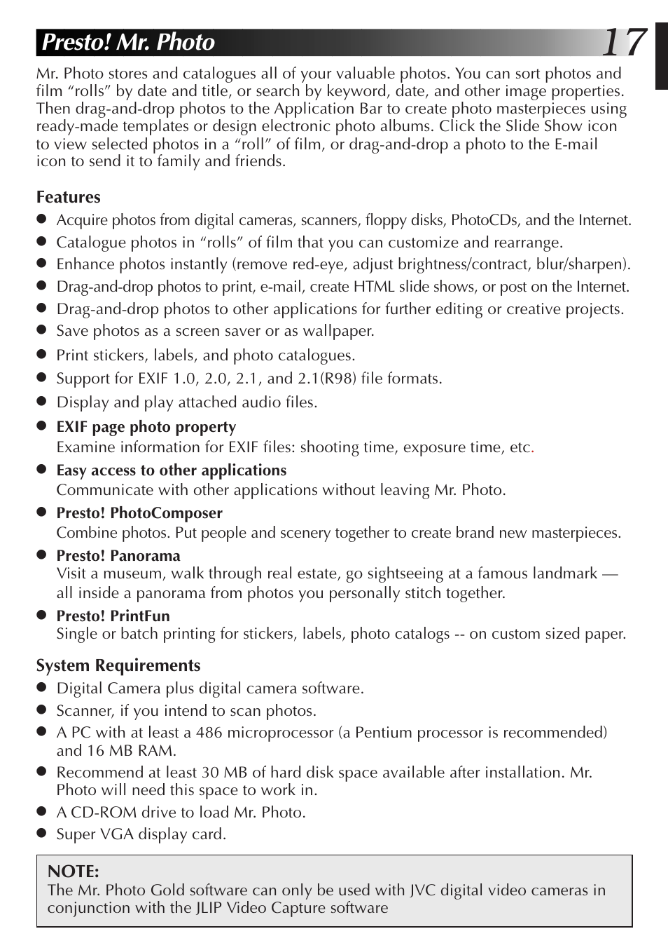 Presto! mr. photo | JVC GR-DVL9700 User Manual | Page 17 / 244