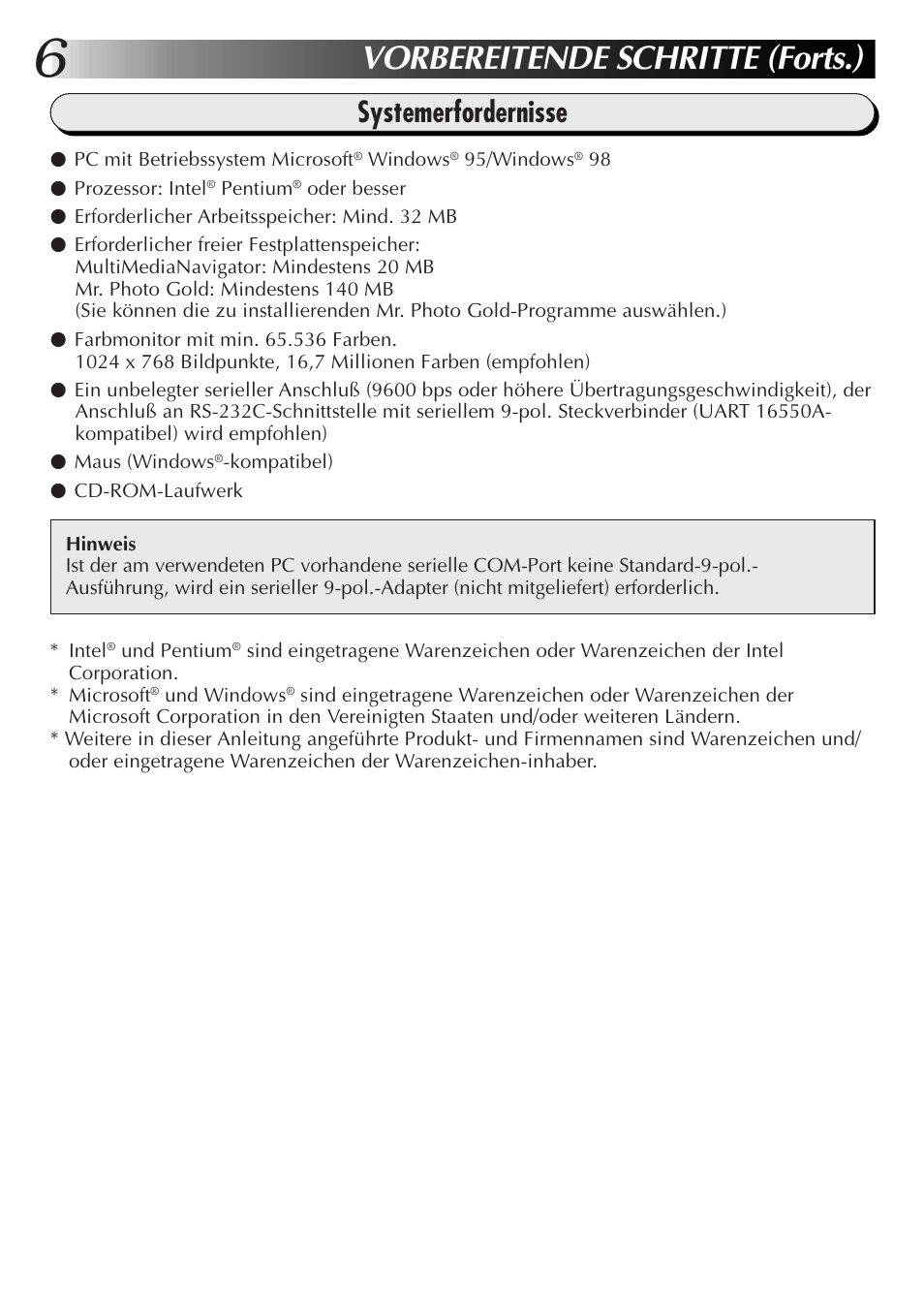 Vorbereitende schritte (forts.), Systemerfordernisse | JVC GR-DVL9700 User Manual | Page 26 / 244