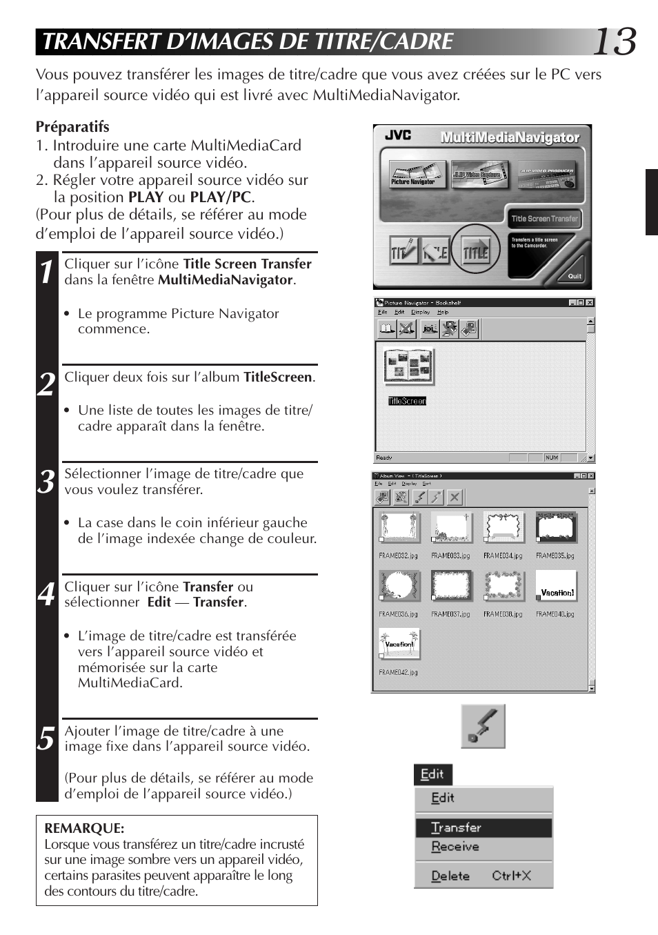 Transfert d’images de titre/cadre | JVC GR-DVL9700 User Manual | Page 53 / 244