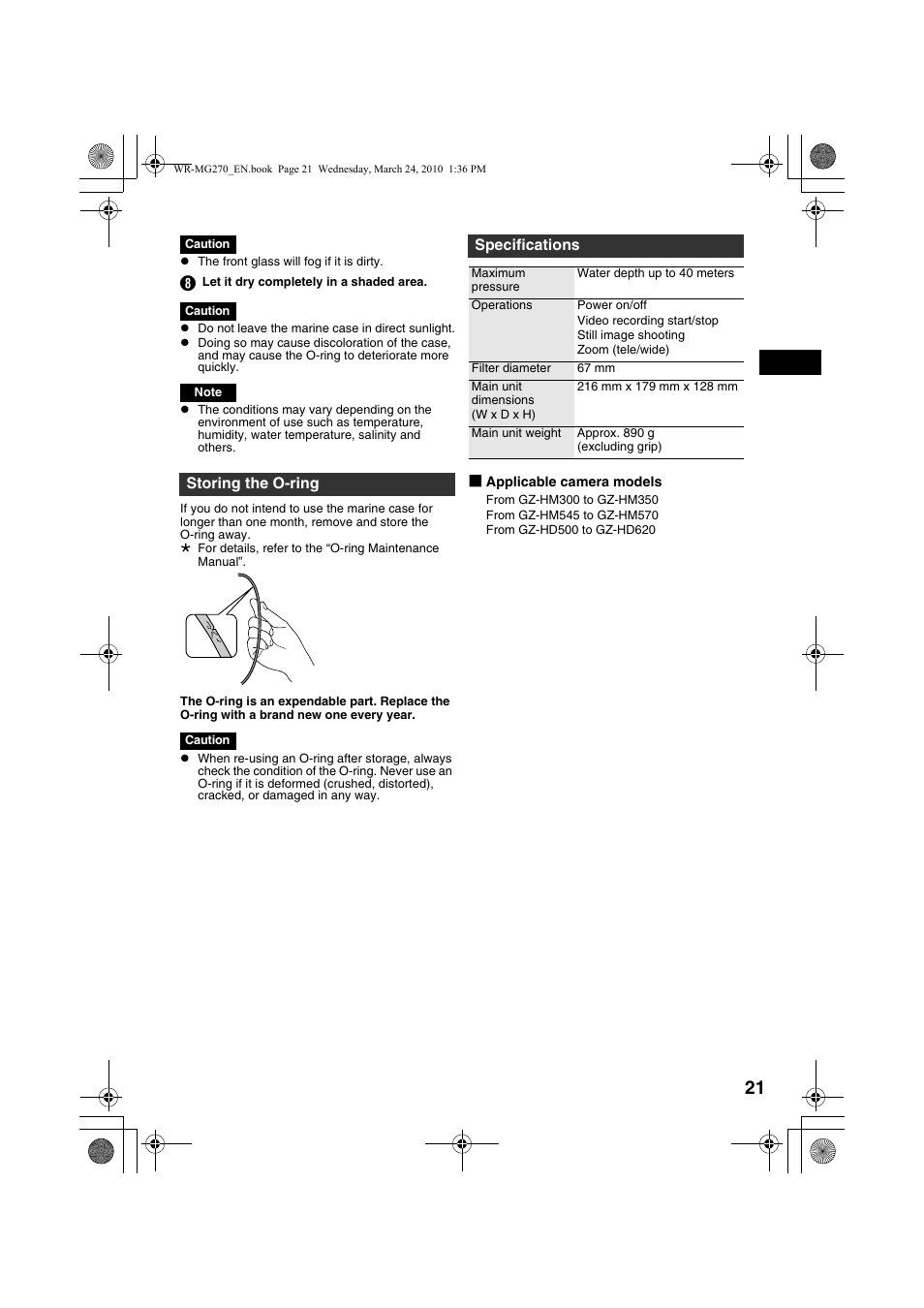 Storing the o-ring, Specifications | JVC WR-MG270 User Manual | Page 21 / 114