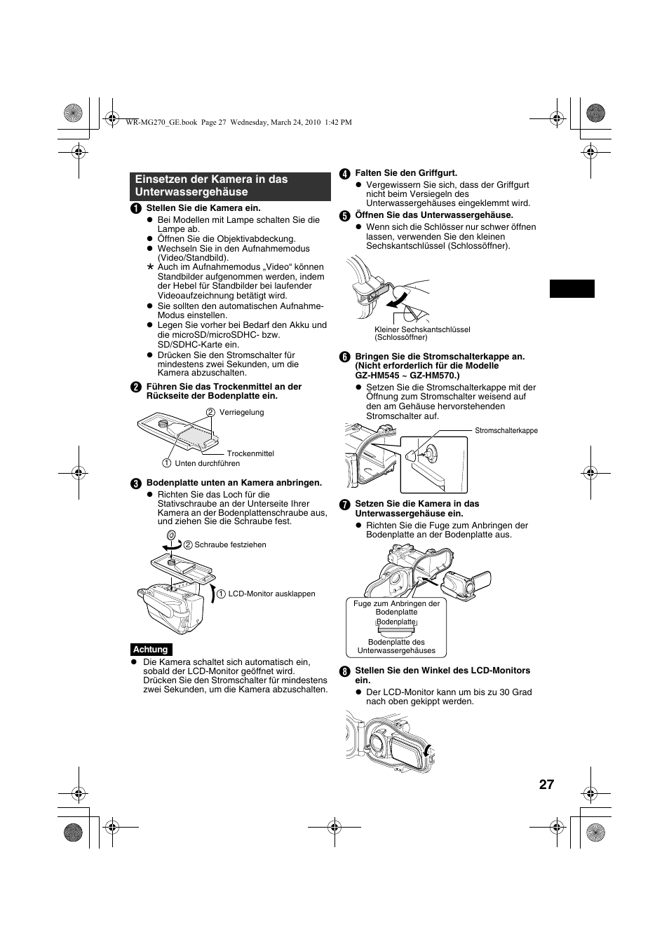 Einsetzen der kamera in das unterwassergehäuse, E ( a s. 27, 28 | JVC WR-MG270 User Manual | Page 27 / 114