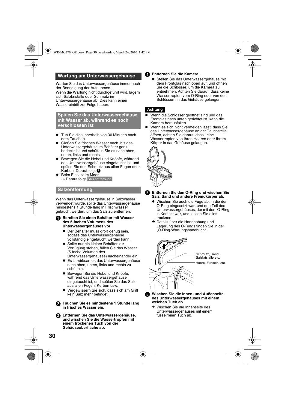 Wartung am unterwassergehäuse, Salzentfernung | JVC WR-MG270 User Manual | Page 30 / 114