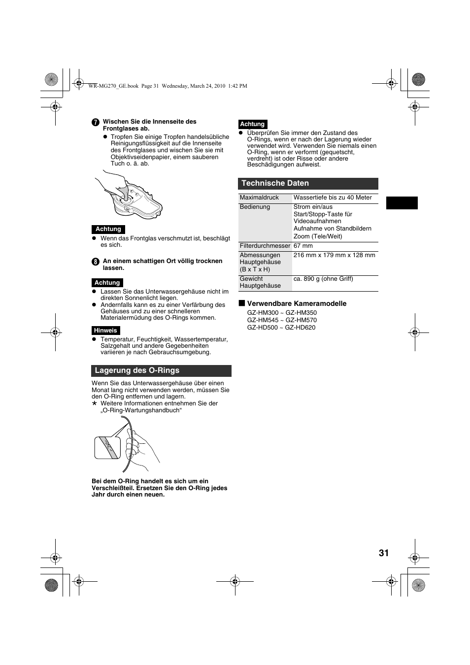 Lagerung des o-rings, Technische daten | JVC WR-MG270 User Manual | Page 31 / 114
