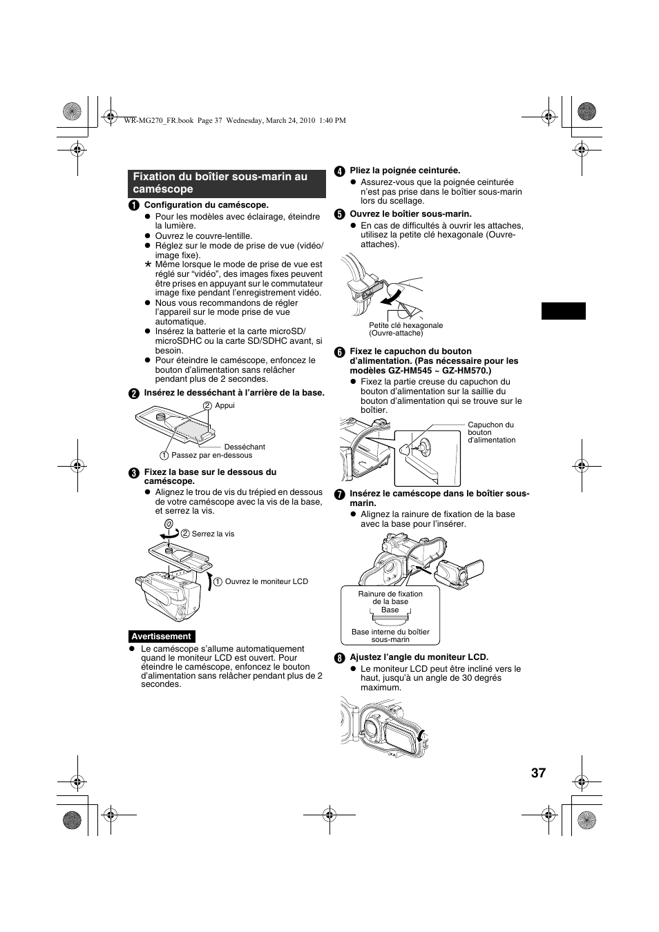 Fixation du boîtier sous-marin au caméscope, Ope ( a p. 37 | JVC WR-MG270 User Manual | Page 37 / 114